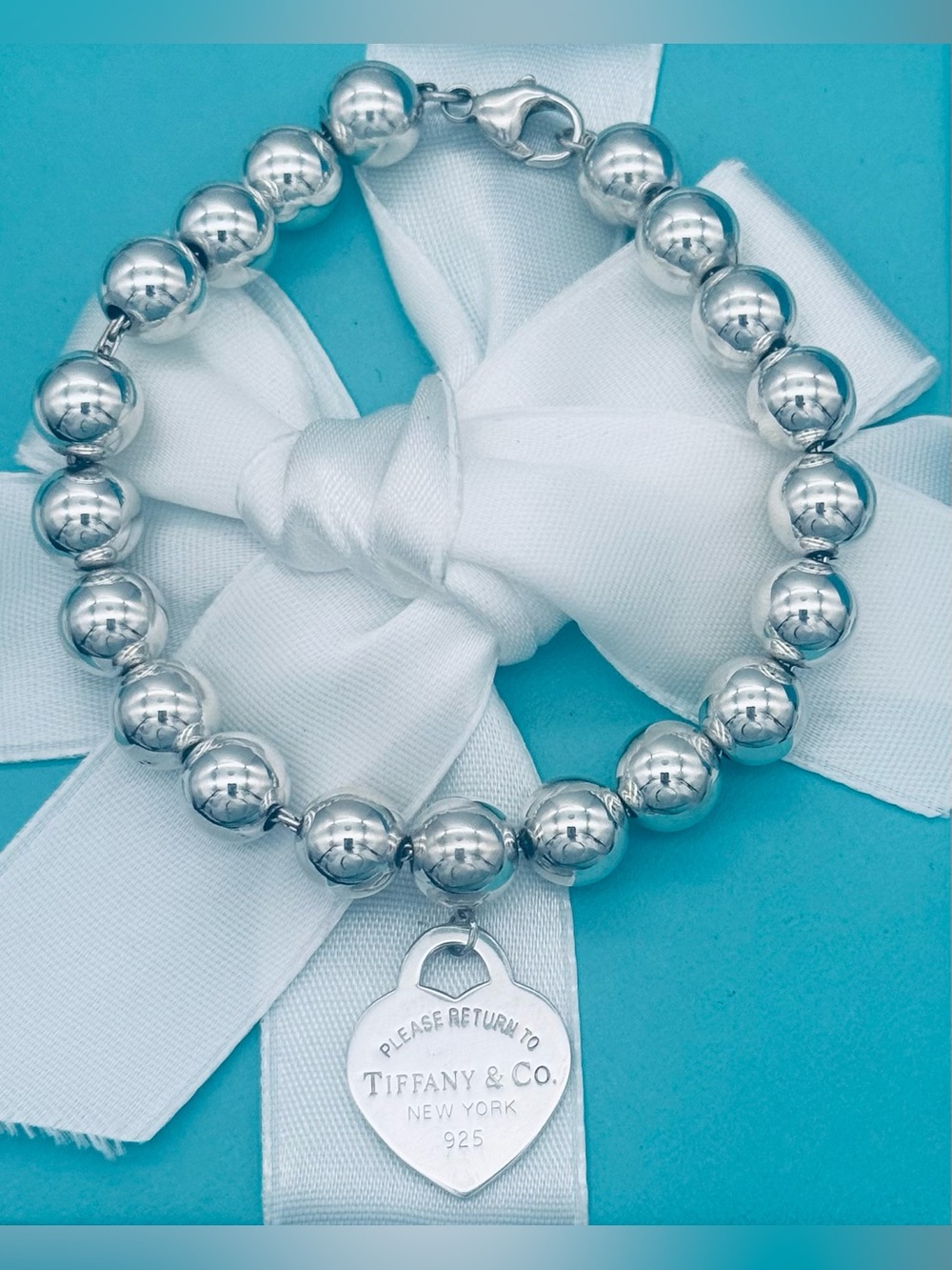 Tiffany & Co SS 8mm Small RTT Heart Bead Bracelet 7-7.25” VGUC